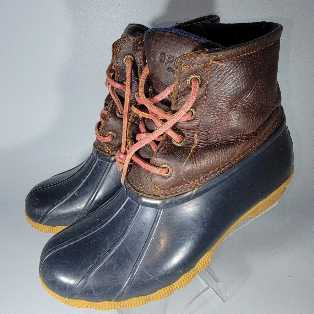 Sperry Saltwater Duck Boots Blue Brown Size 5.5 Leather Uppers Side Zip